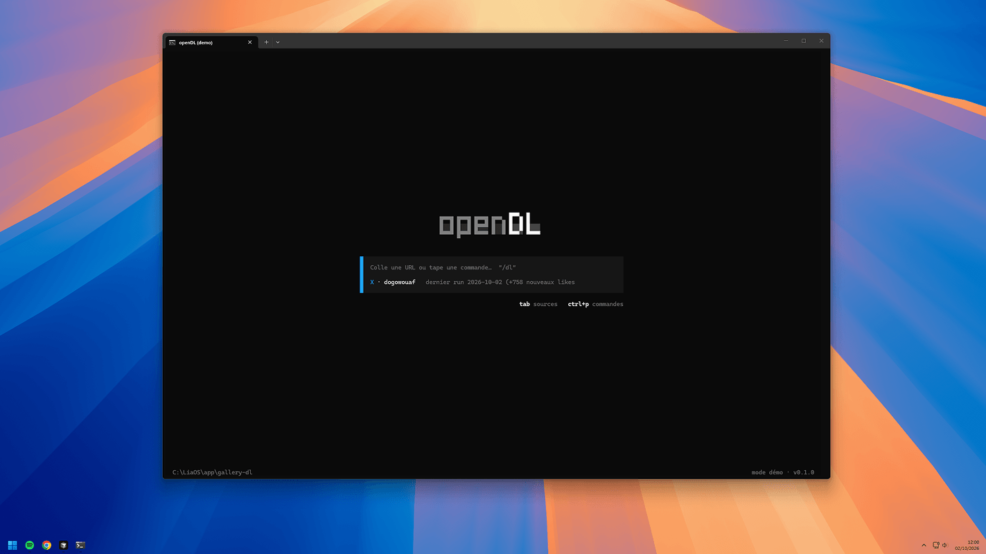 openDL’s home screen, with its logo and prompt bar