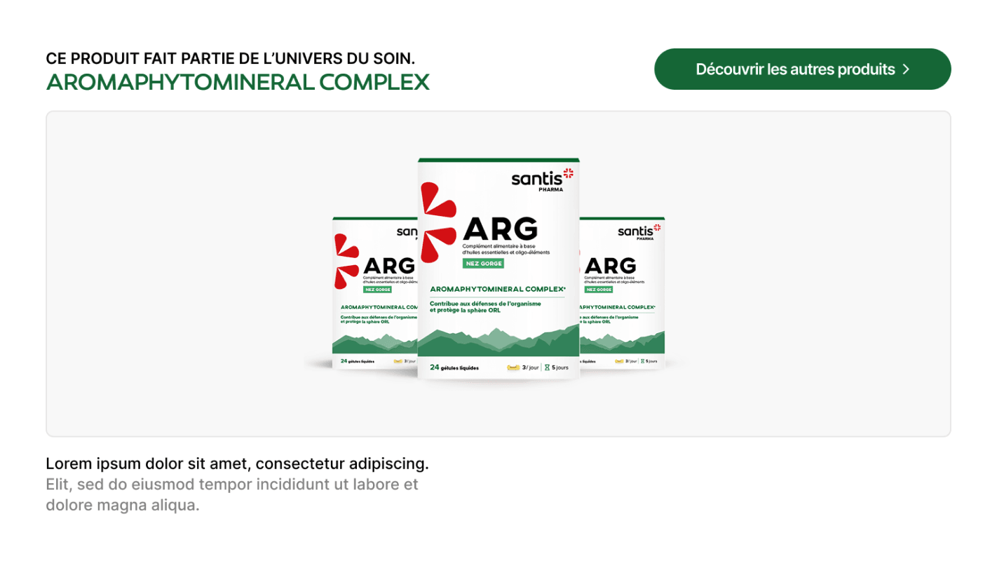Mockup of a product featured within its care world of the Santis Pharma website