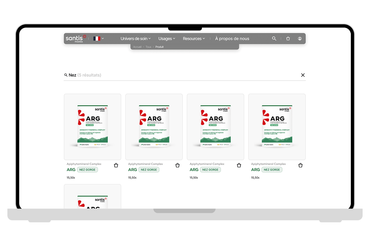 Mockup of the product search on desktop of the Santis Pharma website