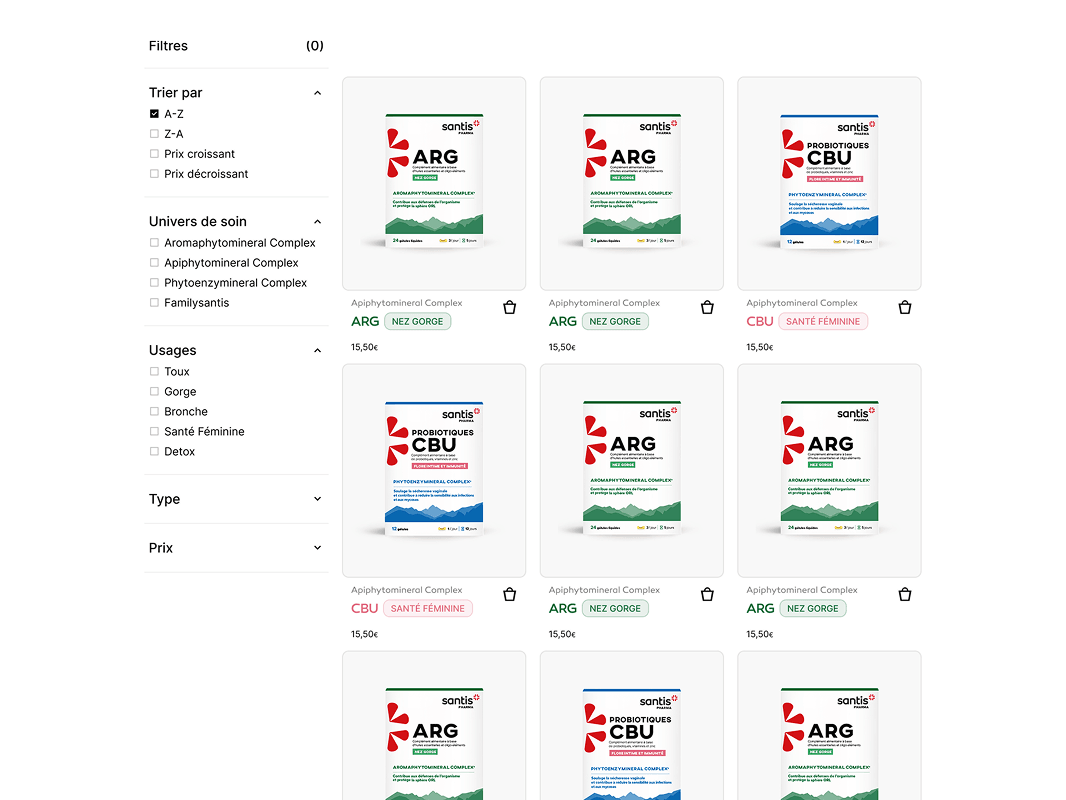 Mockup of the catalogue filters of the Santis Pharma website