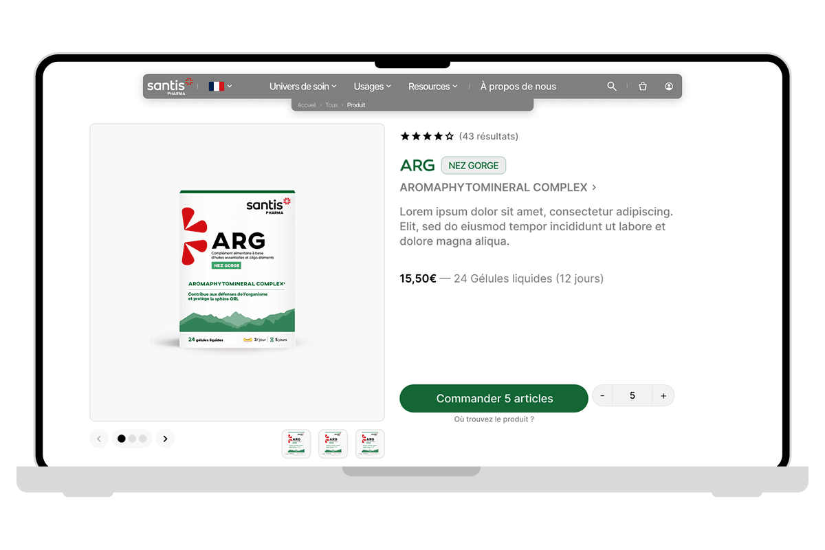 Mockup of a product page on desktop of the Santis Pharma website