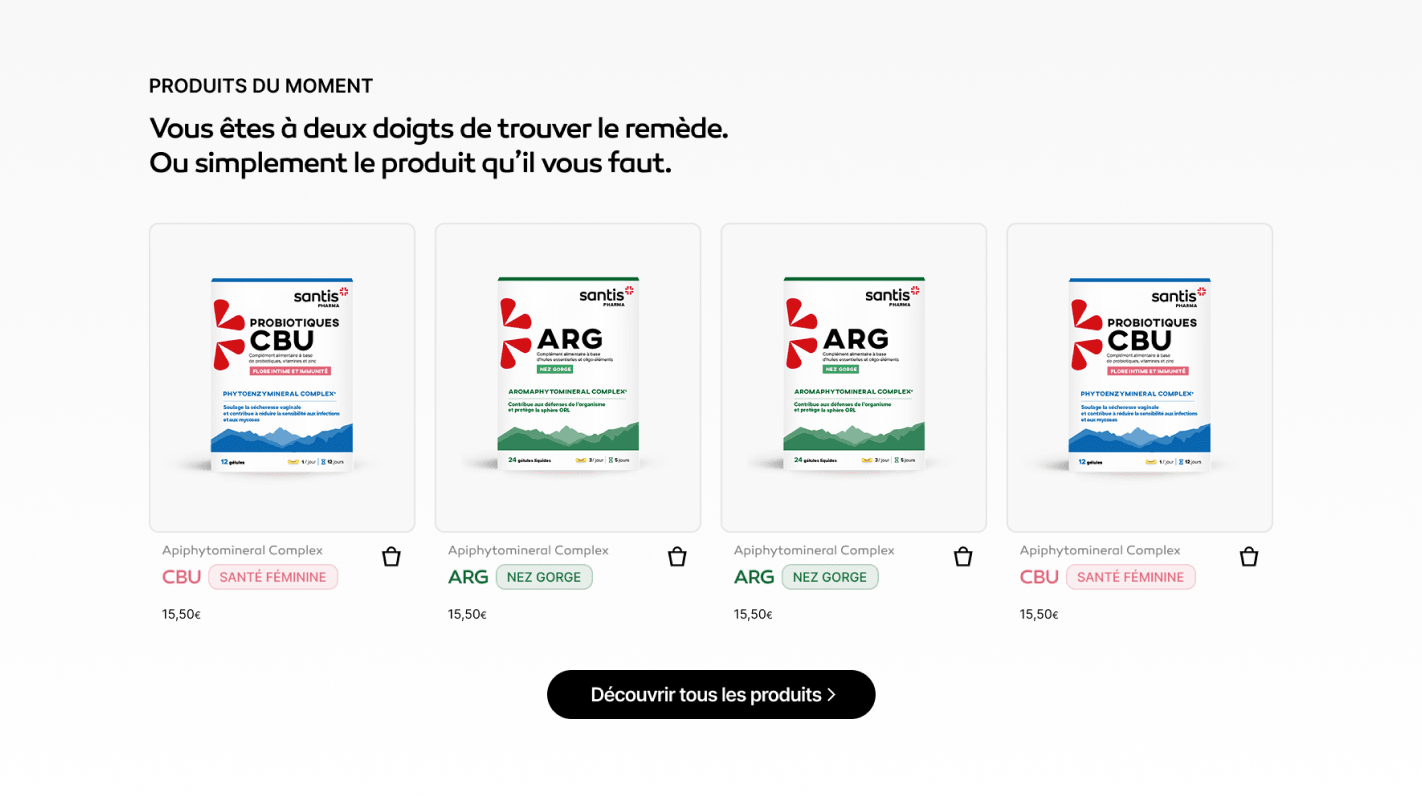Mockup of the Featured products section of the Santis Pharma website