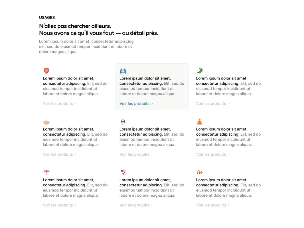 Mockup of the Uses section, with a grid of needs of the Santis Pharma website