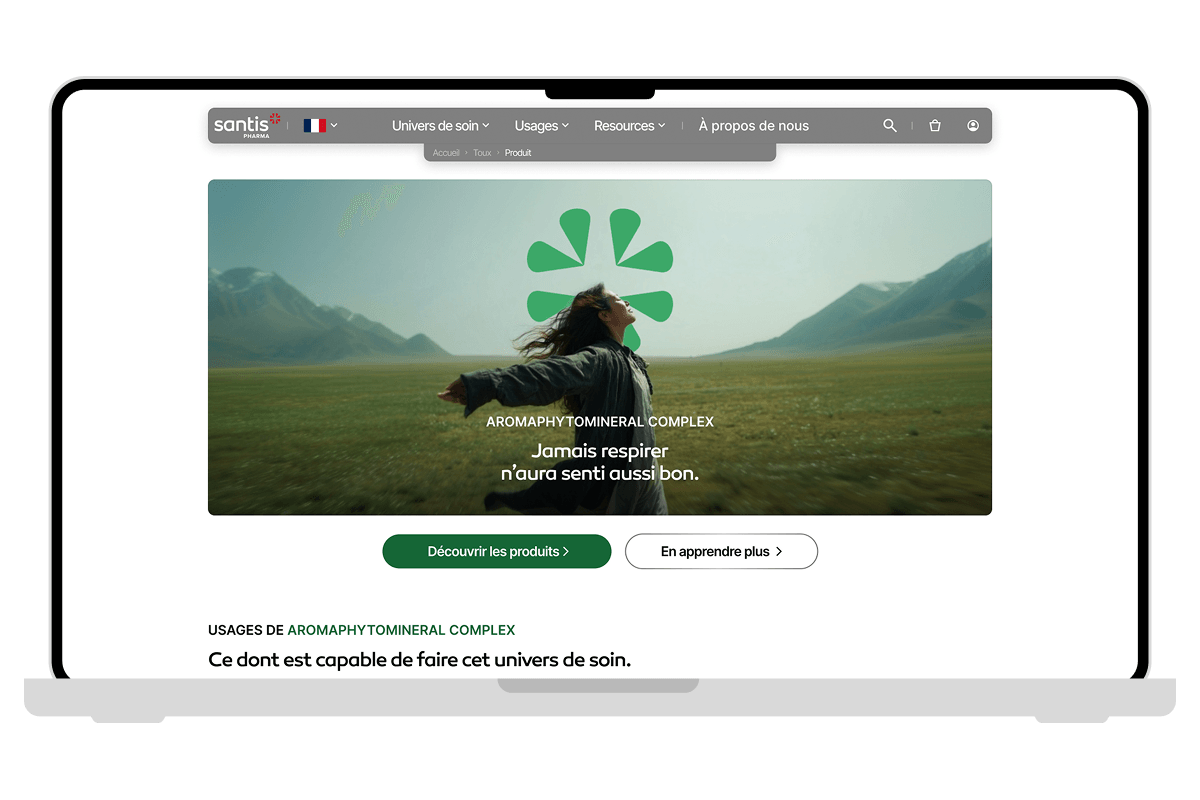Mockup of a Care world page on desktop of the Santis Pharma website